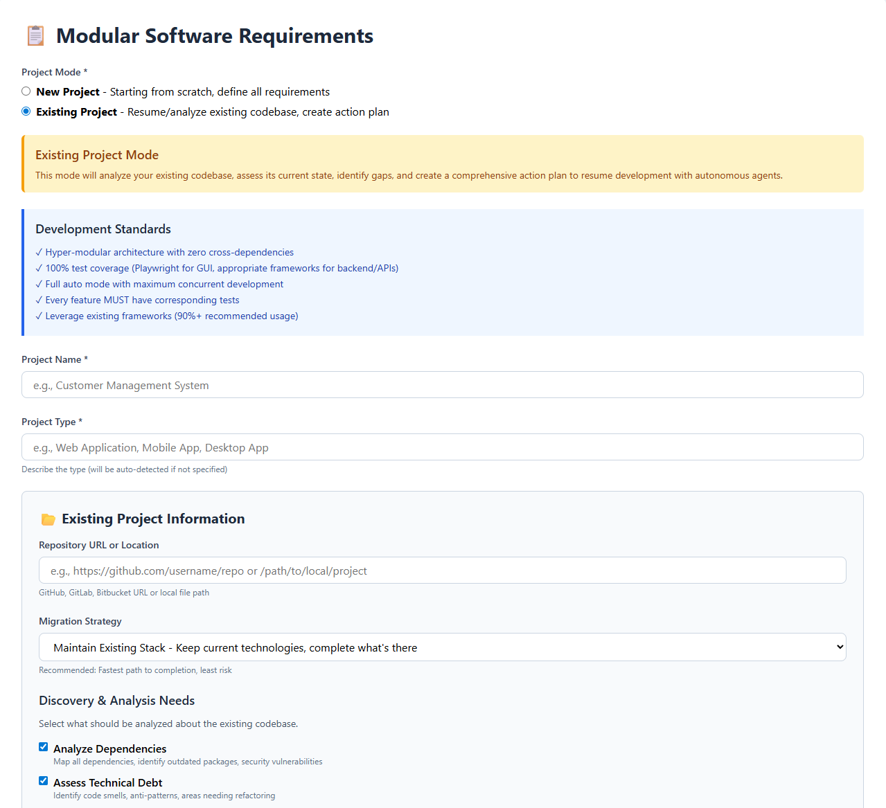 Existing Project Mode - Analyze and resume development