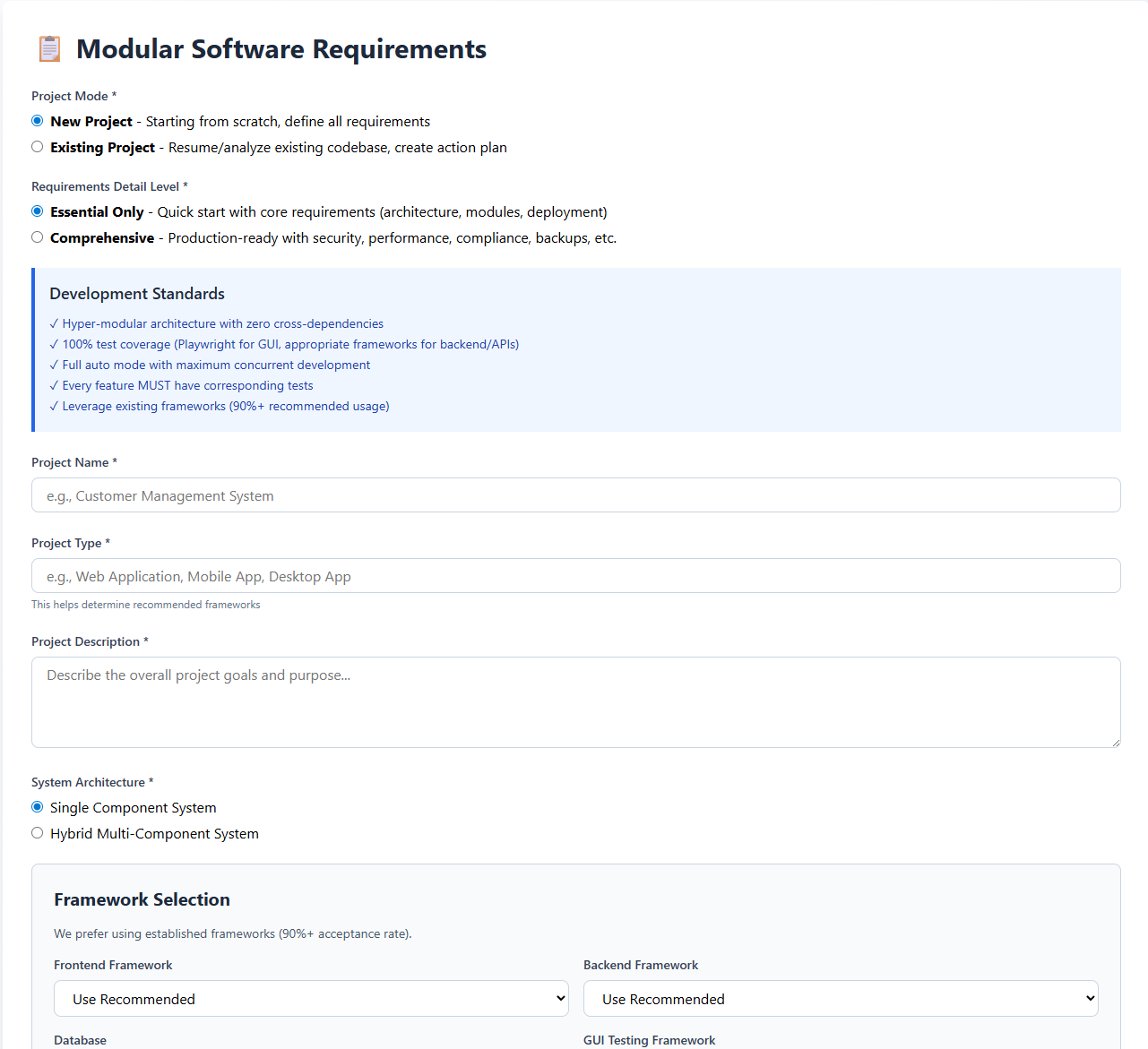 New Project Mode - Essential vs Comprehensive options